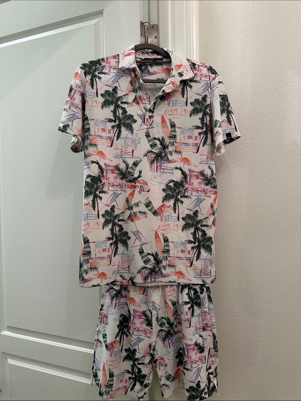 Tropical Palm Print Polo and Shorts Set - White Base with Green & Coral Accents